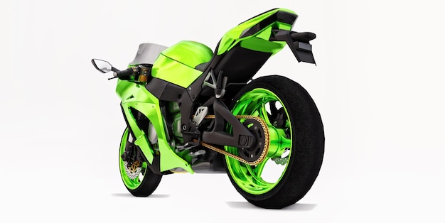 Moto superdeportiva verde 3d sobre fondo blanco aislado. Ilustración 3D.