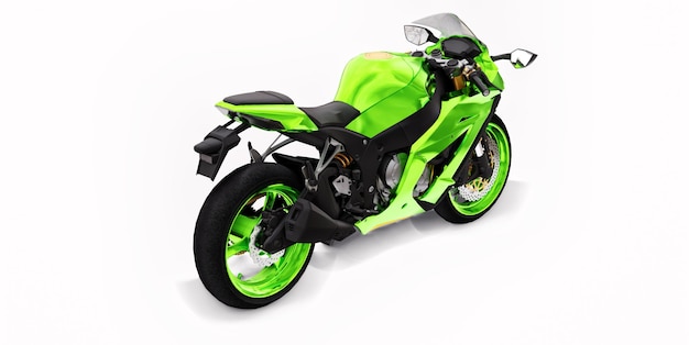 Moto superdeportiva verde 3d sobre fondo blanco aislado. Ilustración 3D.