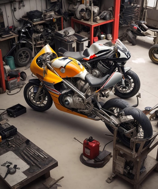 una motocicleta amarilla está en un garaje con otras motocicletas