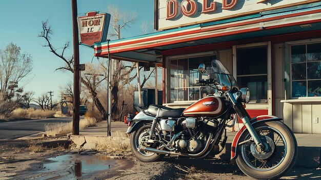 Foto una motocicleta antigua está estacionada fuera de una gasolinera abandonada