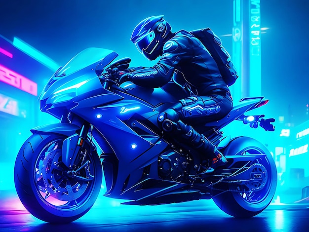 Motocicleta azul brilhante cyberpunk ilustração digital generativa ai