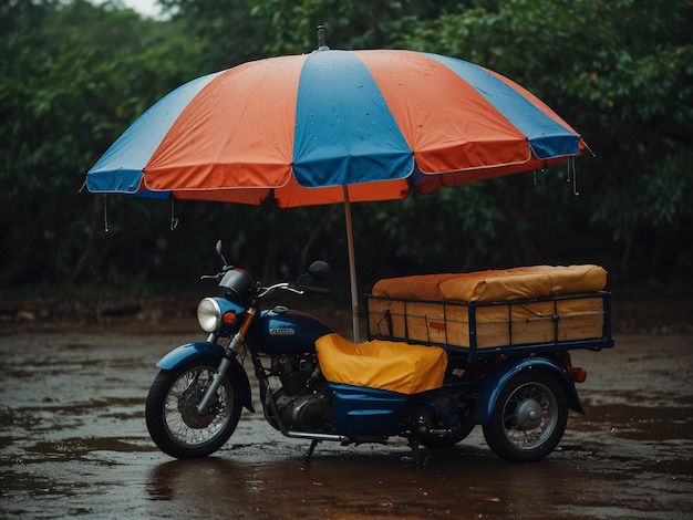 una motocicleta azul con un paraguas amarillo y azul en la parte de atrás