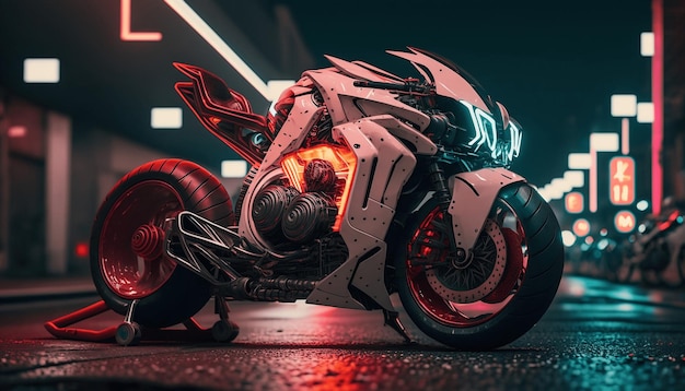 Motocicleta de bicicleta deportiva cyberpunk de ciencia ficción futurista con luces de neón. Ilustración digital