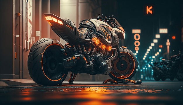 Foto motocicleta de bicicleta deportiva cyberpunk de ciencia ficción futurista con luces de neón. ilustración digital