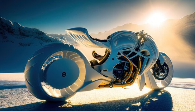 Una motocicleta blanca está sobre una superficie nevada con la palabra nieve.