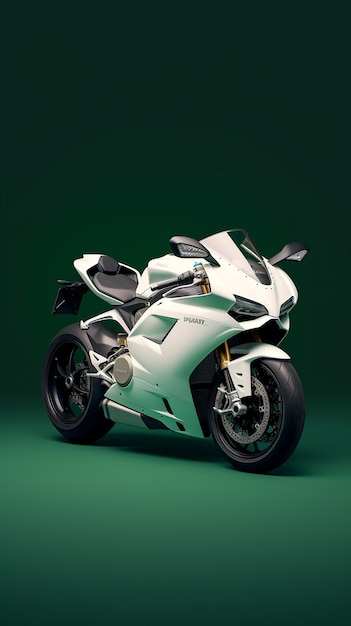 Una motocicleta blanca con un fondo verde y un diseño en blanco y negro.