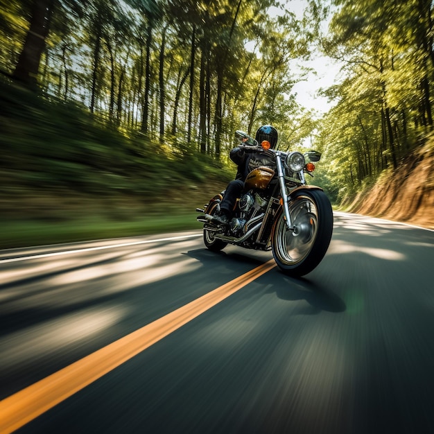 Foto motocicleta en la carretera de la costa montando divirtiéndose conduciendo la carretera vacía en un viaje de gira en motocicleta