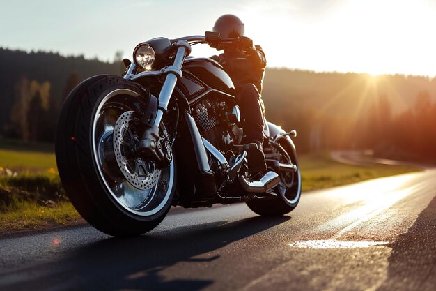 Motocicleta en la carretera bajo los rayos del sol poniente