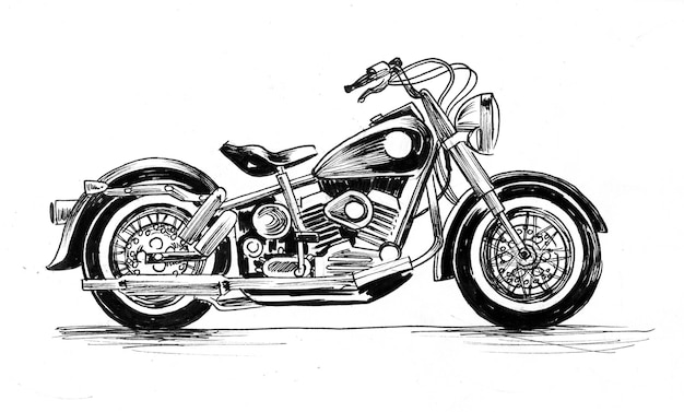 Motocicleta clásica americana. Dibujo a tinta en blanco y negro