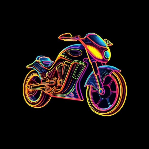 Motocicleta de colores brillantes sobre fondo negro con luces brillantes generativas ai