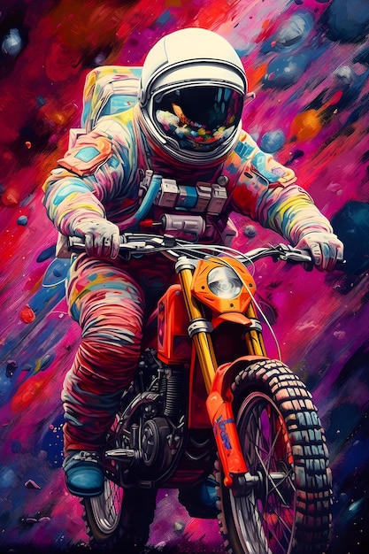 Una motocicleta colorida con un hombre en un casco que la conduce.