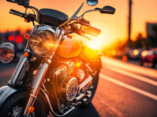 La motocicleta de cromo brillante refleja el atardecer, el tráfico de la ciudad desenfocado en el fondo.