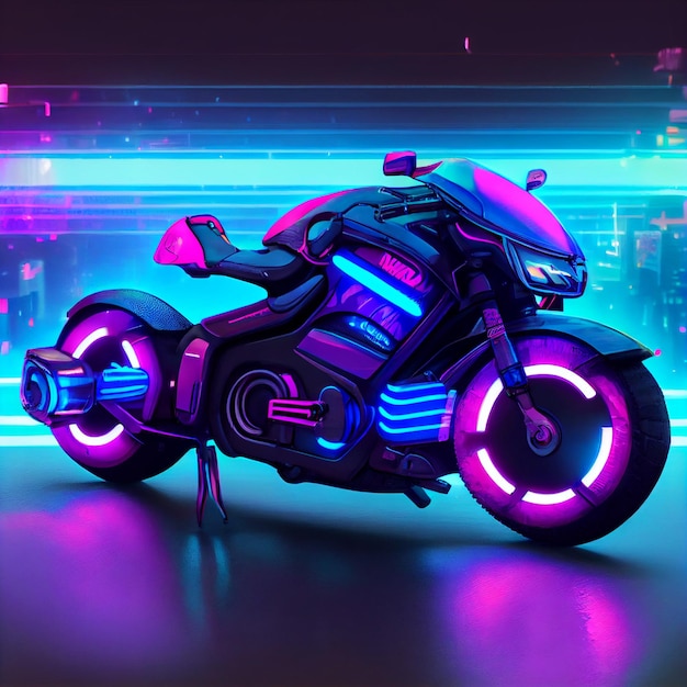 Motocicleta Cyberpunk ou moto na rua com luzes neon