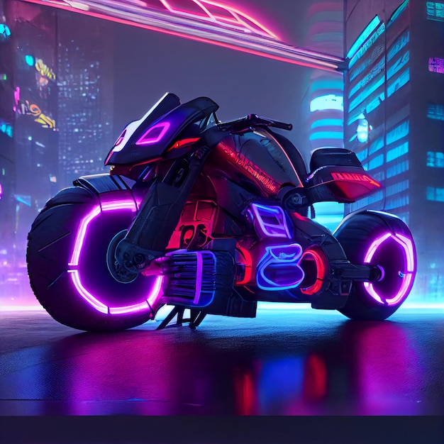 Motocicleta Cyberpunk ou moto na rua com luzes neon