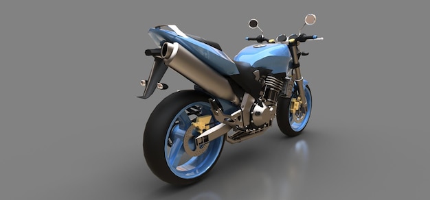 Motocicleta de dois lugares de esporte urbano azul em uma ilustração 3d de fundo cinza