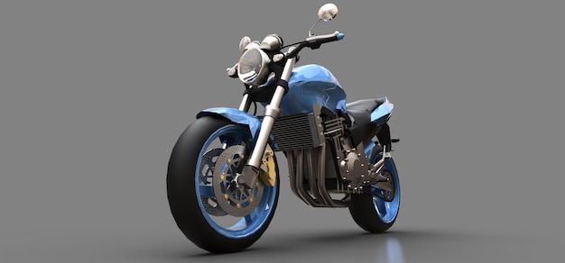 Motocicleta de dois lugares de esporte urbano azul em uma ilustração 3d de fundo cinza