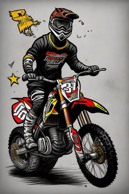 Foto motocicleta de sujeira extrema motociclista de desenho animado em camiseta