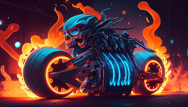 Motocicleta eléctrica de alta tecnología cyberpunk de fuego de calavera futurista con estructura metálica e iluminación de neón IA generativa