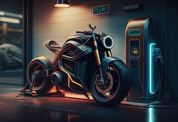 Motocicleta eléctrica futurista en una estación de carga
