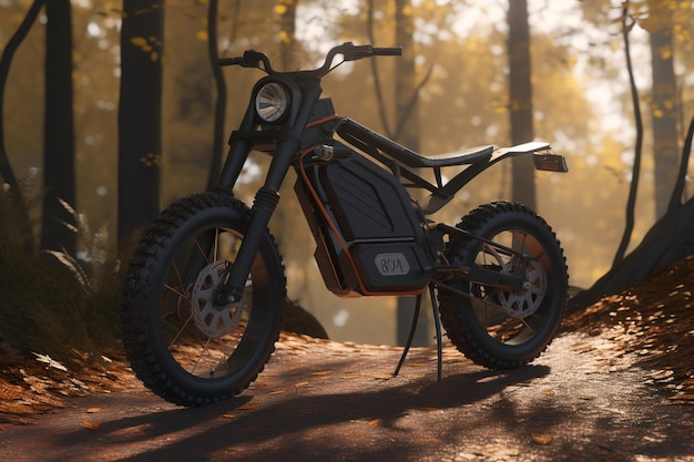 Una motocicleta eléctrica negra está estacionada en un bosque.