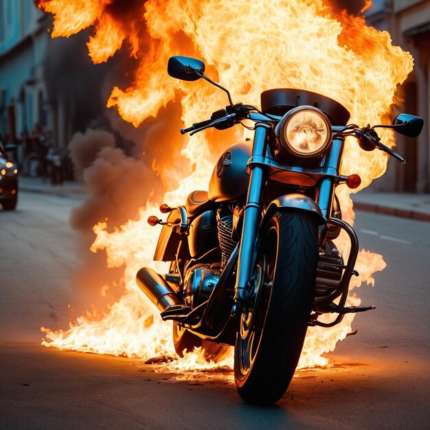 Foto motocicleta em chamas.