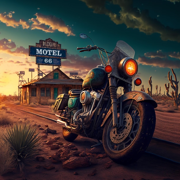 Foto una motocicleta estacionada afuera de un motel abandonado