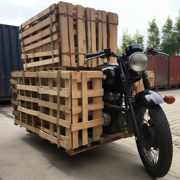 Foto una motocicleta estacionada al lado de una pila de paletas de madera