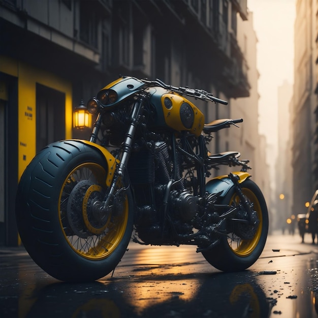 Una motocicleta estacionada en una calle mojada bajo la lluvia.