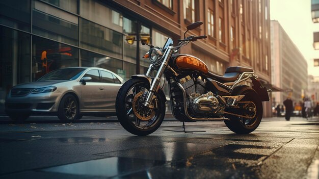 Motocicleta estacionada en una calle urbana iluminada por el sol con edificios y peatones en el fondo