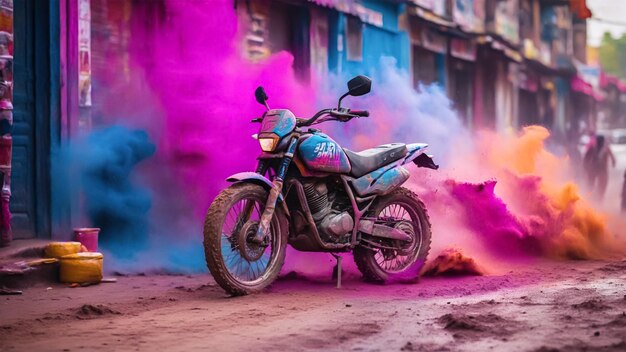 Foto motocicleta estacionada na estrada com explosão de cores holi