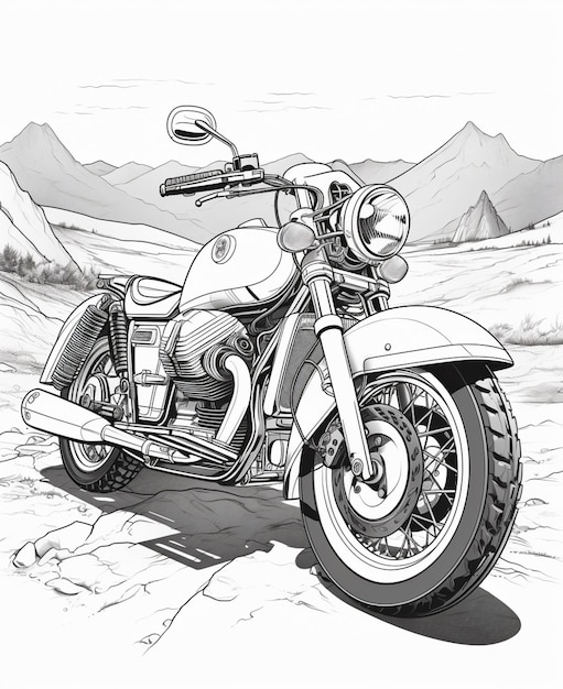 Foto motocicleta estacionada no deserto com montanhas ao fundo generativo ai