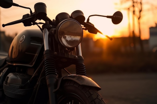 Una motocicleta en un fondo de puesta de sol IA generativa