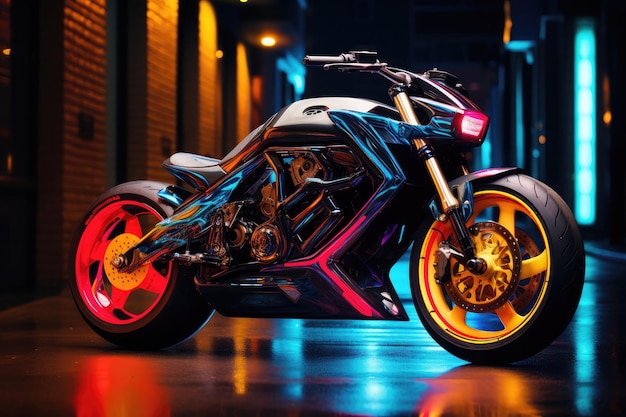 motocicleta futurista adornada com luzes de néon vibrantes design brilhante e recursos inovadores criando uma bicicleta de corrida atraente e elegante
