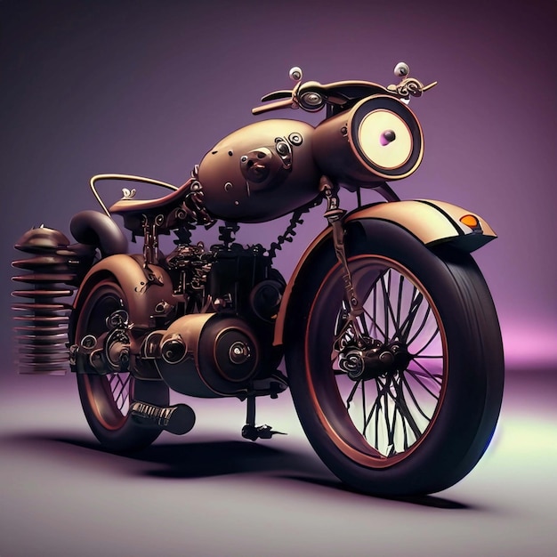 Motocicleta inspirada no steam punk com renderização 3d de fundo de arquitetura de período