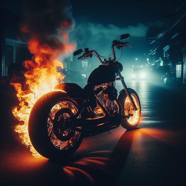 Una motocicleta con llamas en la parte trasera está iluminada en la oscuridad
