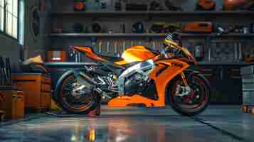 Foto motocicleta naranja en el fondo del garaje