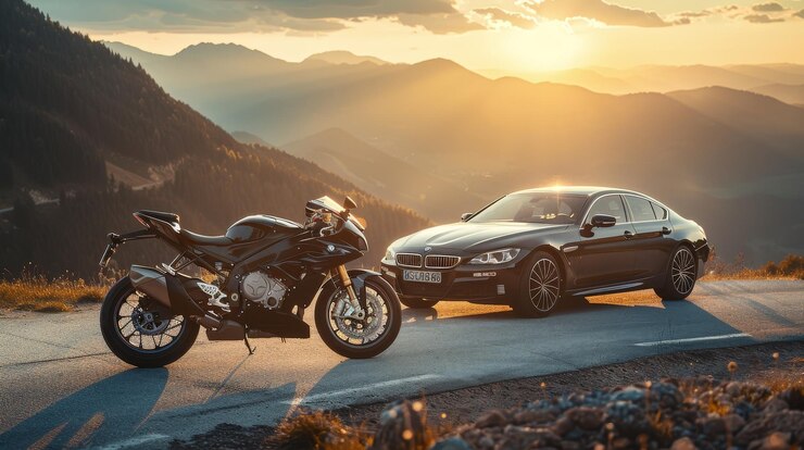 una motocicleta negra con un coche que dice la palabra en el lado