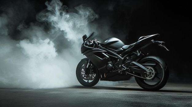 Motocicleta negra en un fondo oscuro con vista lateral de humo Generativo Ai