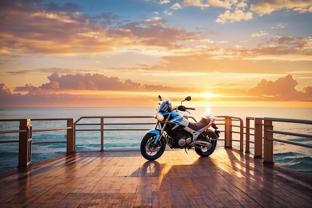 Motocicleta no cais marítimo durante um lindo conceito de férias de aventura e viagem ao pôr do sol no mar