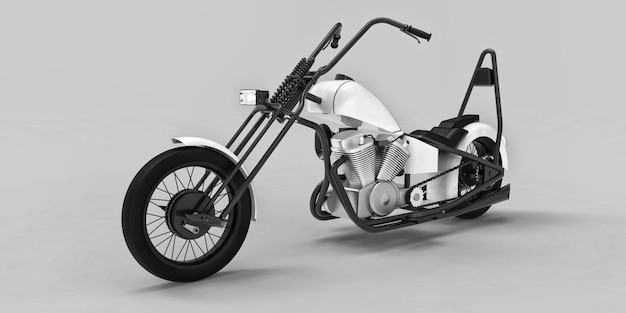 Motocicleta personalizada clássica branca e preta isolada em um fundo cinza claro. Rendring 3D.