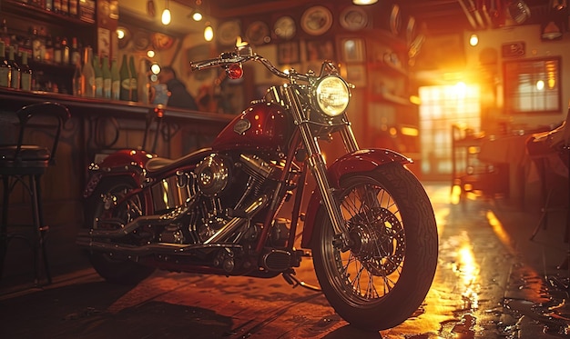 Foto una motocicleta de pie en el medio de un bar