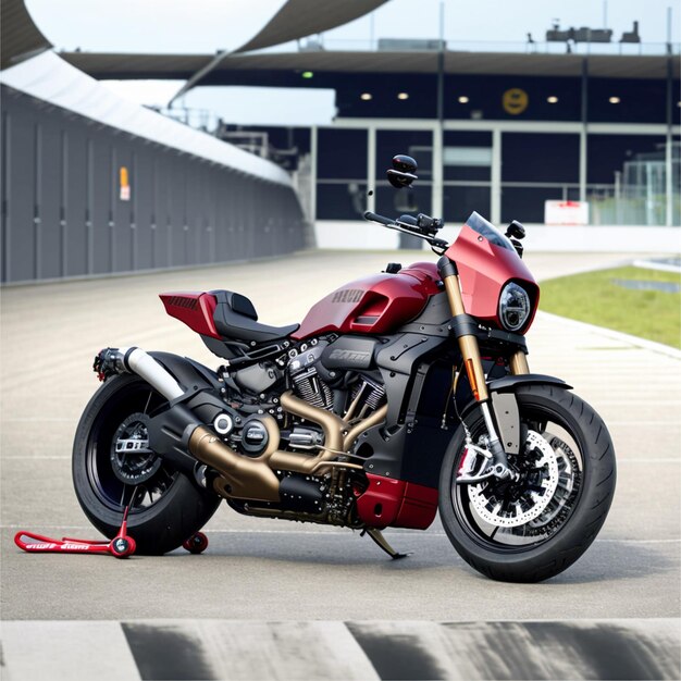 Foto una motocicleta roja está estacionada frente a un edificio que dice vmr