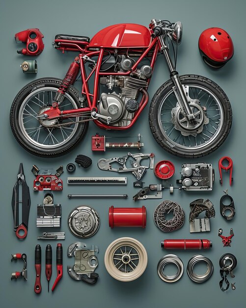 una motocicleta roja con muchas partes