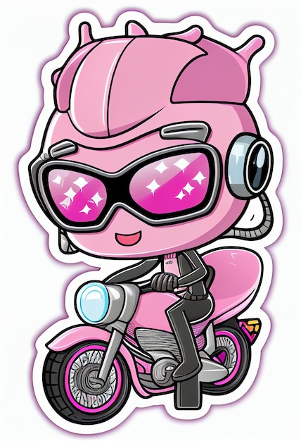 Motocicleta rosa de dibujos animados con casco y gafas en ai generativo