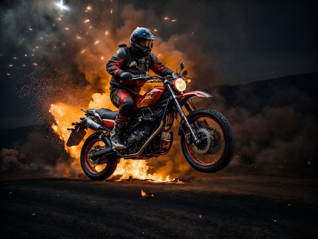 Una motocicleta saltando sobre un pozo de fuego