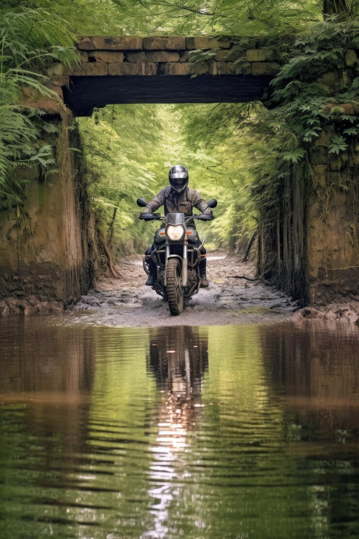 Motocicleta todoterreno cruzando un río poco profundo creado con ai generativo