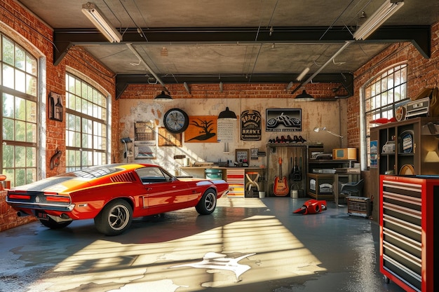 Foto motocicleta vintage em uma garagem no sótão