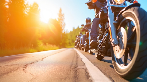 Motocicletas alineadas en la carretera durante la puesta de sol