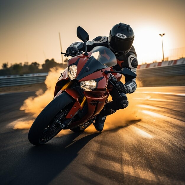 Motocicletas desportivas a correr numa pista com um piloto a acelerar ao pôr-do-sol
