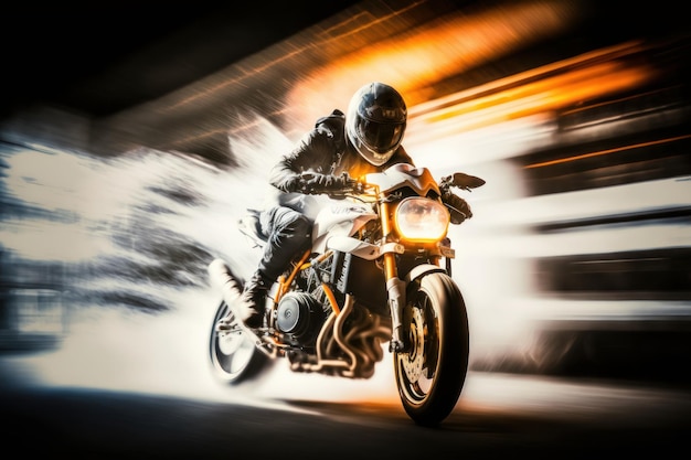 Foto motociclista en acción fondo de desenfoque de movimiento ia generativa
